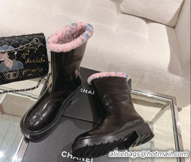 Good Quality Chanel Crinkled Calfskin & Shearling Ankle Boots Black/Light Pink 103031