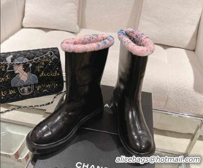 Good Quality Chanel Crinkled Calfskin & Shearling Ankle Boots Black/Light Pink 103031