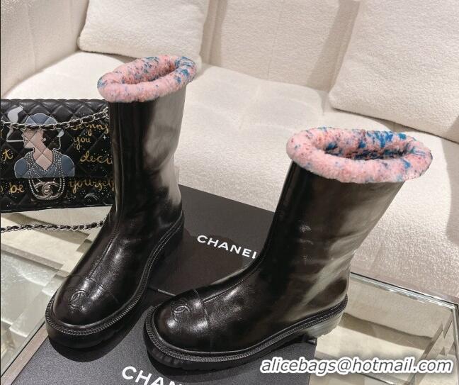 Good Quality Chanel Crinkled Calfskin & Shearling Ankle Boots Black/Light Pink 103031