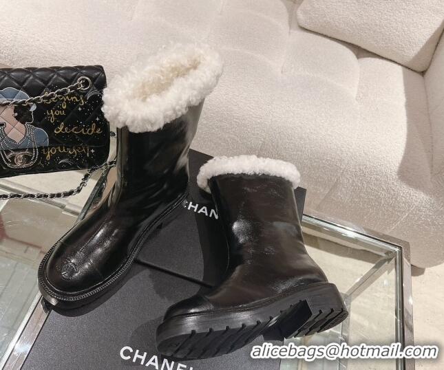 Popular Style Chanel Crinkled Calfskin & Shearling Ankle Boots Black/Blue 103032