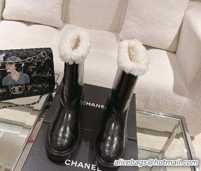 Popular Style Chanel Crinkled Calfskin & Shearling Ankle Boots Black/Blue 103032