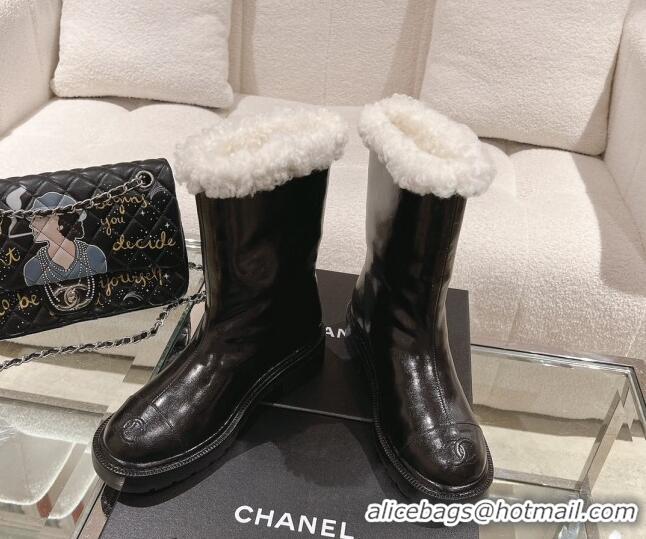 Popular Style Chanel Crinkled Calfskin & Shearling Ankle Boots Black/Blue 103032