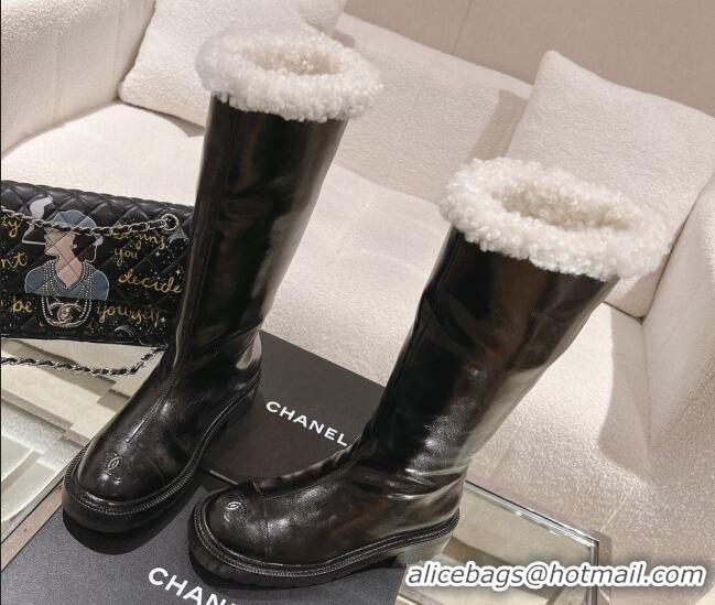 Grade Quality Chanel Crinkled Calfskin & Shearling High Boots Black/White 103034