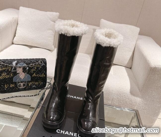 Grade Quality Chanel Crinkled Calfskin & Shearling High Boots Black/White 103034