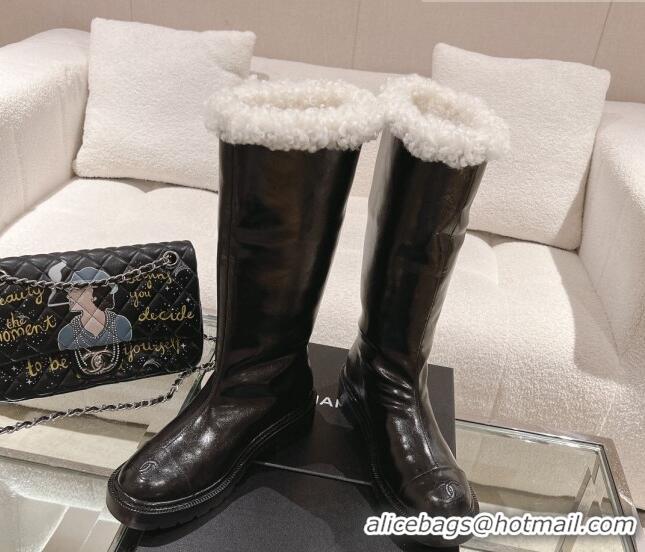 Grade Quality Chanel Crinkled Calfskin & Shearling High Boots Black/White 103034