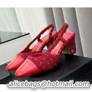 Low Price Chanel Tweed & Leather Slingbacks Pumps 6.5cm Red 103039