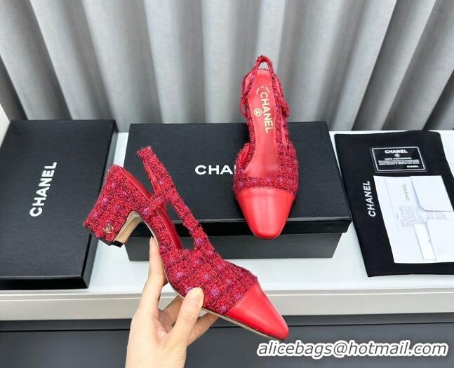 Low Price Chanel Tweed & Leather Slingbacks Pumps 6.5cm Red 103039