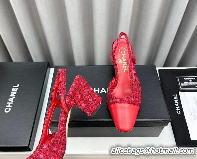 Low Price Chanel Tweed & Leather Slingbacks Pumps 6.5cm Red 103039