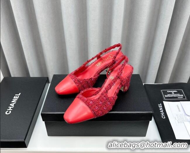 Low Price Chanel Tweed & Leather Slingbacks Pumps 6.5cm Red 103039