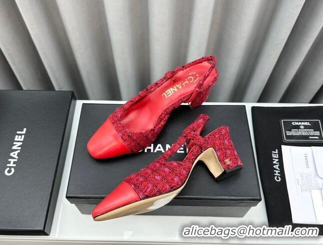 Low Price Chanel Tweed & Leather Slingbacks Pumps 6.5cm Red 103039