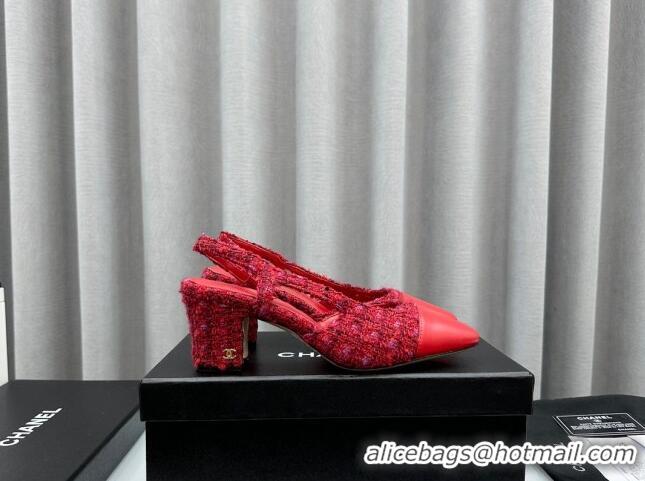 Low Price Chanel Tweed & Leather Slingbacks Pumps 6.5cm Red 103039