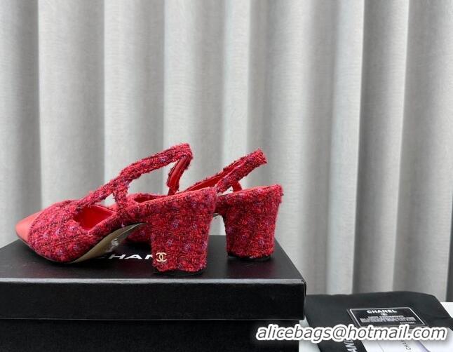 Low Price Chanel Tweed & Leather Slingbacks Pumps 6.5cm Red 103039