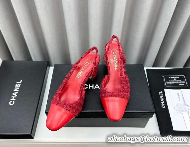 Low Price Chanel Tweed & Leather Slingbacks Pumps 6.5cm Red 103039