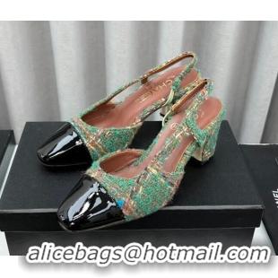 Purchase Chanel Tweed & Patent Leather Slingbacks Pumps 6.5cm Green 103041