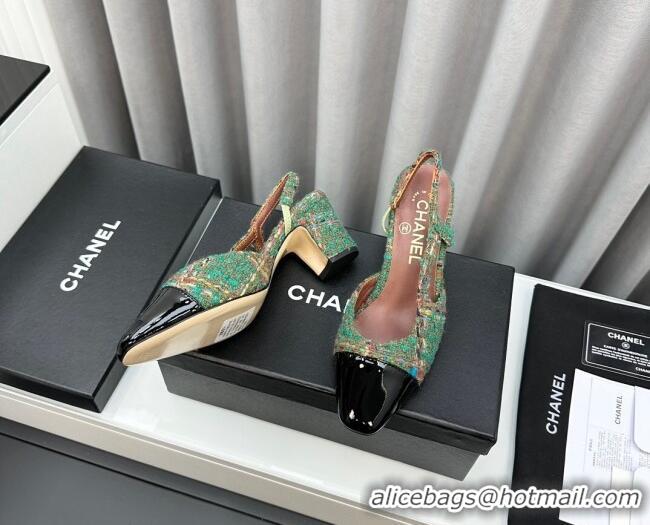 Purchase Chanel Tweed & Patent Leather Slingbacks Pumps 6.5cm Green 103041