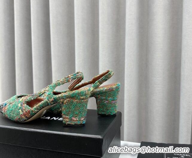 Purchase Chanel Tweed & Patent Leather Slingbacks Pumps 6.5cm Green 103041