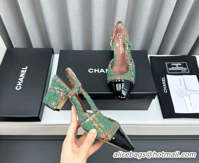 Purchase Chanel Tweed & Patent Leather Slingbacks Pumps 6.5cm Green 103041