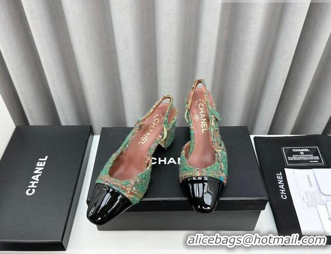 Purchase Chanel Tweed & Patent Leather Slingbacks Pumps 6.5cm Green 103041