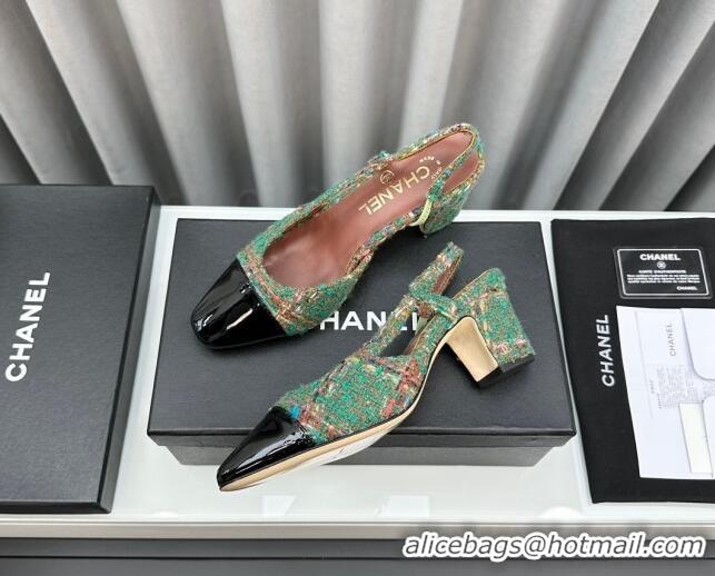 Purchase Chanel Tweed & Patent Leather Slingbacks Pumps 6.5cm Green 103041