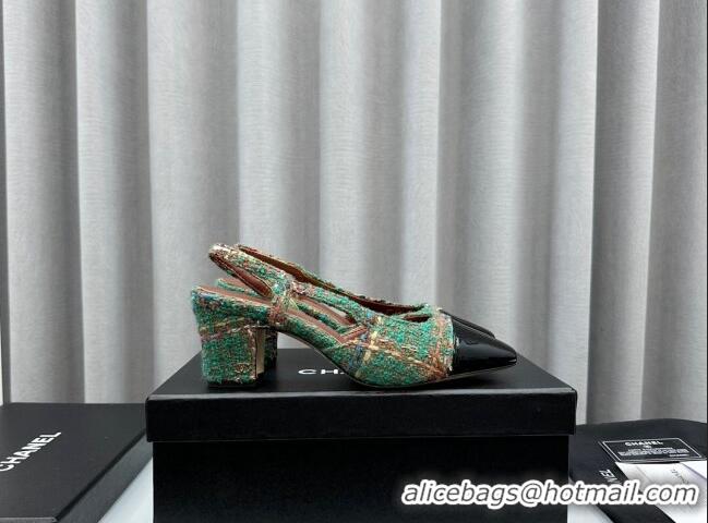 Purchase Chanel Tweed & Patent Leather Slingbacks Pumps 6.5cm Green 103041