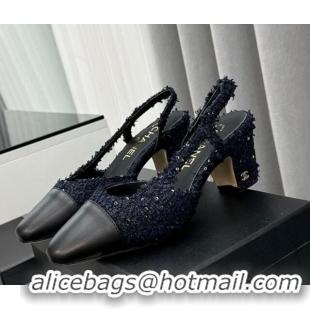 Low Cost Chanel Tweed & Leather Slingbacks Pumps with Sequins Dark Blue 6.5cm 103042