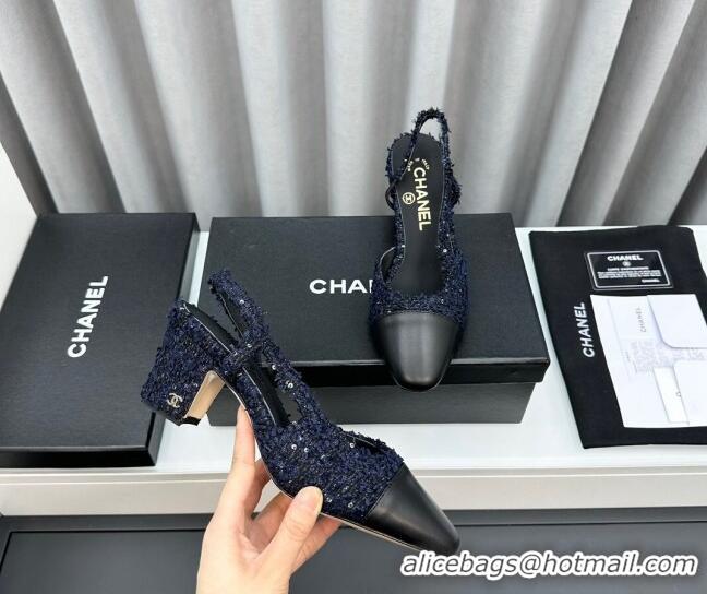 Low Cost Chanel Tweed & Leather Slingbacks Pumps with Sequins Dark Blue 6.5cm 103042