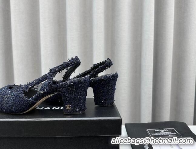 Low Cost Chanel Tweed & Leather Slingbacks Pumps with Sequins Dark Blue 6.5cm 103042