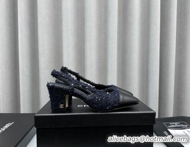 Low Cost Chanel Tweed & Leather Slingbacks Pumps with Sequins Dark Blue 6.5cm 103042