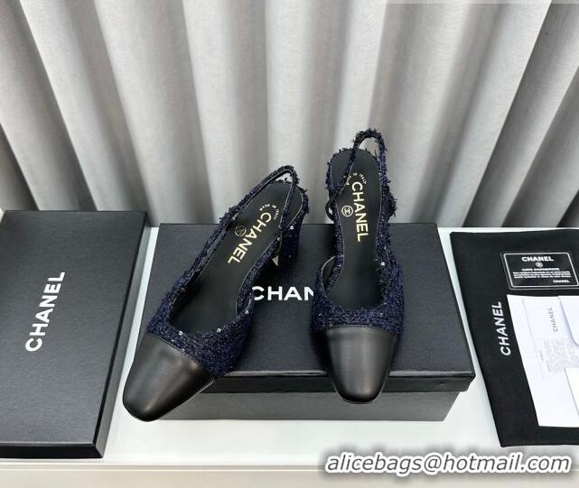 Low Cost Chanel Tweed & Leather Slingbacks Pumps with Sequins Dark Blue 6.5cm 103042