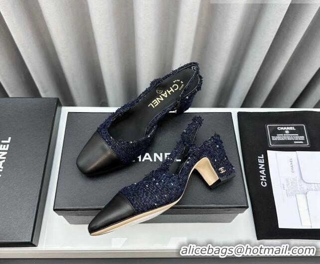 Low Cost Chanel Tweed & Leather Slingbacks Pumps with Sequins Dark Blue 6.5cm 103042