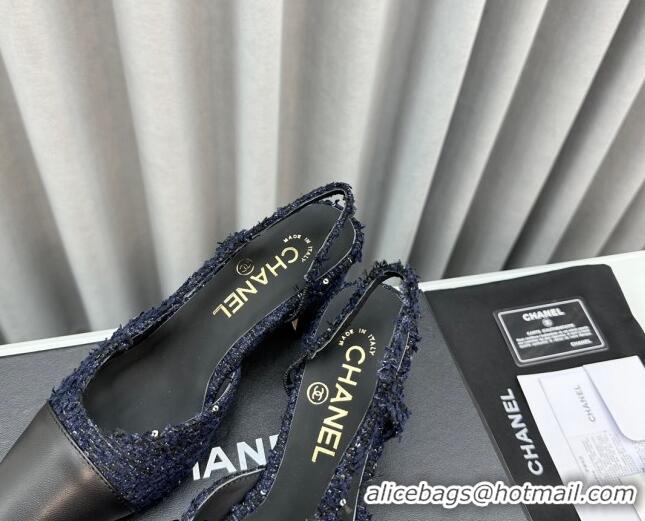 Low Cost Chanel Tweed & Leather Slingbacks Pumps with Sequins Dark Blue 6.5cm 103042