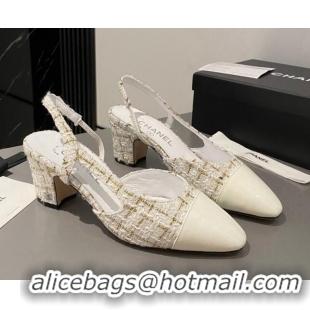 Top Design Chanel Tweed & Patent Leather Slingbacks Pumps 6.5cm White/Gold 103046