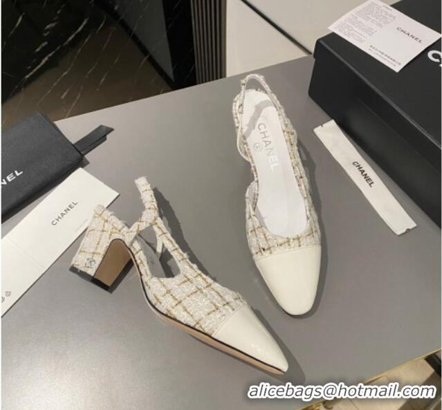 Top Design Chanel Tweed & Patent Leather Slingbacks Pumps 6.5cm White/Gold 103046