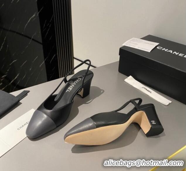 Luxurious Chanel Calfskin Leather Slingbacks Pumps 6.5cm Black/Dark Grey 103043