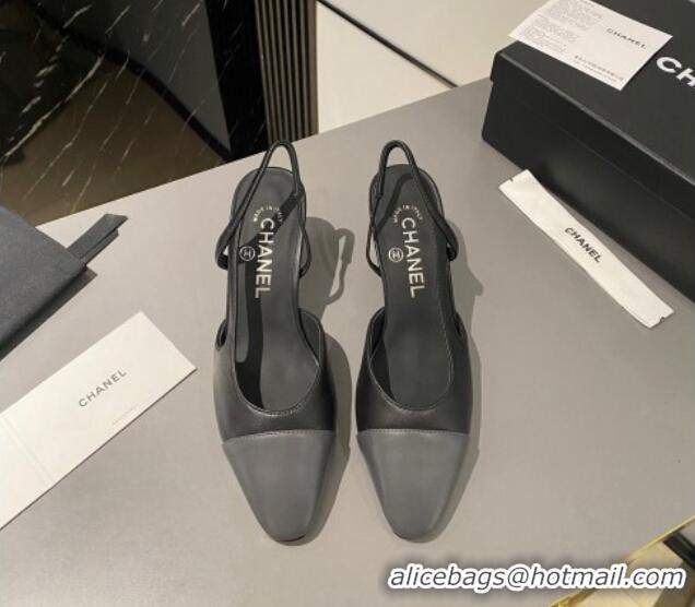 Luxurious Chanel Calfskin Leather Slingbacks Pumps 6.5cm Black/Dark Grey 103043