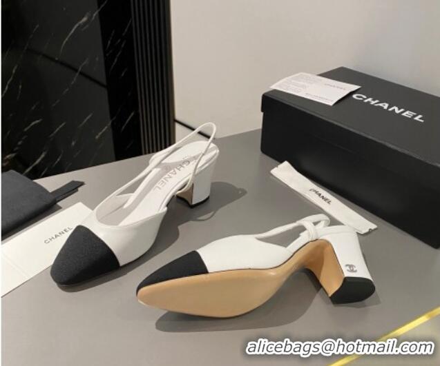 Best Grade Chanel Calfskin & Grosgrain Slingbacks Pumps 6.5cm White/Black 103044