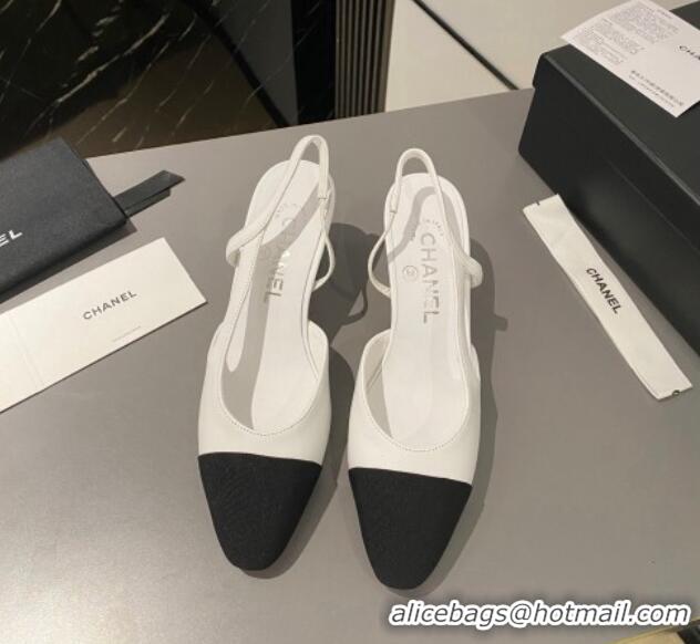 Best Grade Chanel Calfskin & Grosgrain Slingbacks Pumps 6.5cm White/Black 103044