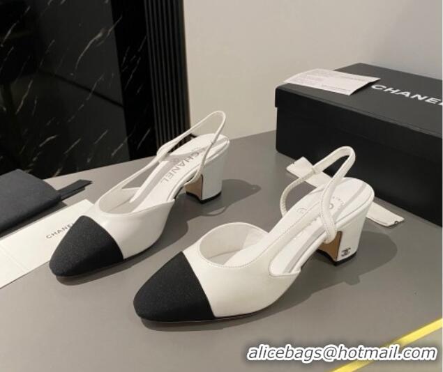 Best Grade Chanel Calfskin & Grosgrain Slingbacks Pumps 6.5cm White/Black 103044