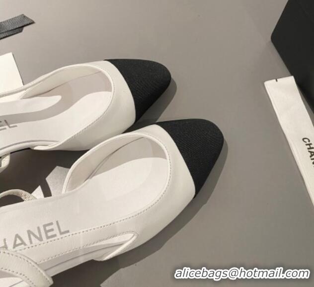 Best Grade Chanel Calfskin & Grosgrain Slingbacks Pumps 6.5cm White/Black 103044