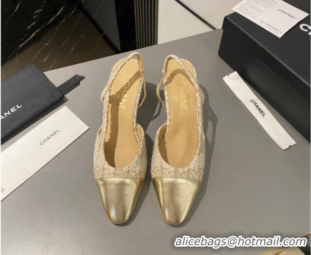 Duplicate Chanel Tweed & Metallic Leather Slingbacks Pumps 6.5cm Beige/Gold 103047