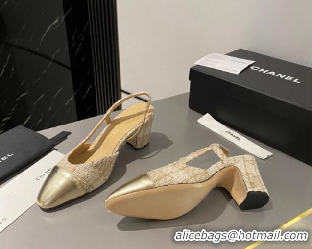 Duplicate Chanel Tweed & Metallic Leather Slingbacks Pumps 6.5cm Beige/Gold 103047