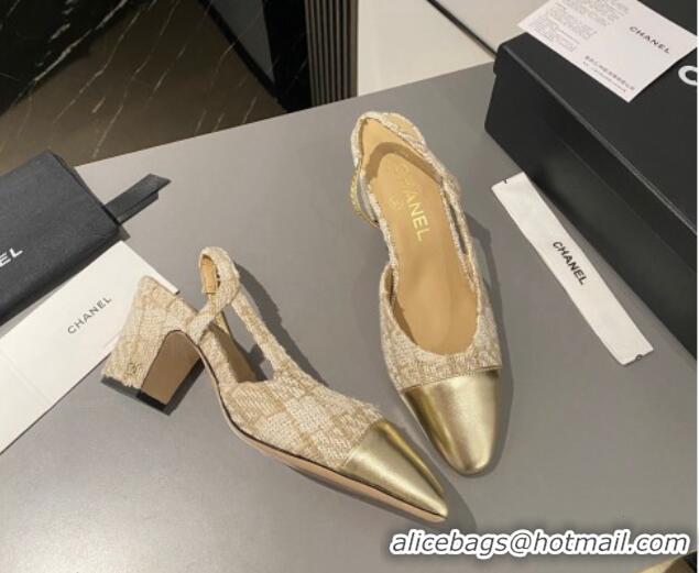 Duplicate Chanel Tweed & Metallic Leather Slingbacks Pumps 6.5cm Beige/Gold 103047