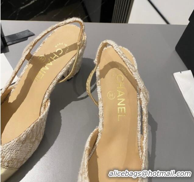 Duplicate Chanel Tweed & Metallic Leather Slingbacks Pumps 6.5cm Beige/Gold 103047