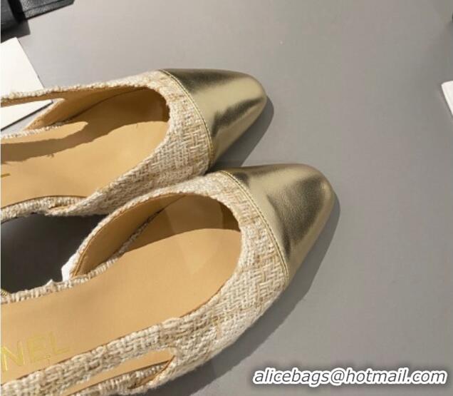 Duplicate Chanel Tweed & Metallic Leather Slingbacks Pumps 6.5cm Beige/Gold 103047