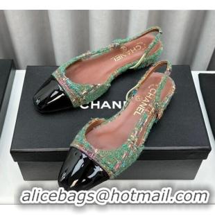 Charming Chanel Tweed & Leather Slingbacks Flat Green 103050