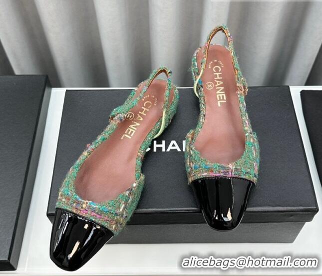 Charming Chanel Tweed & Leather Slingbacks Flat Green 103050