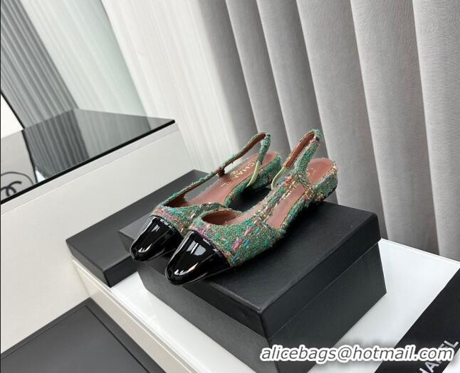 Charming Chanel Tweed & Leather Slingbacks Flat Green 103050