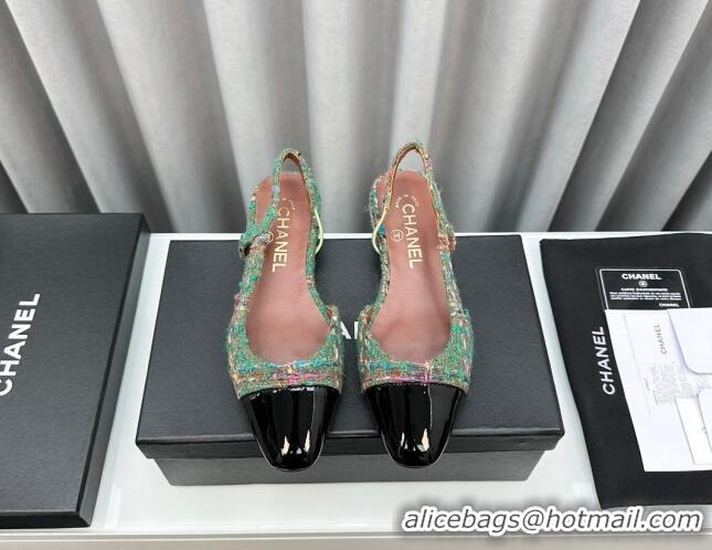 Charming Chanel Tweed & Leather Slingbacks Flat Green 103050