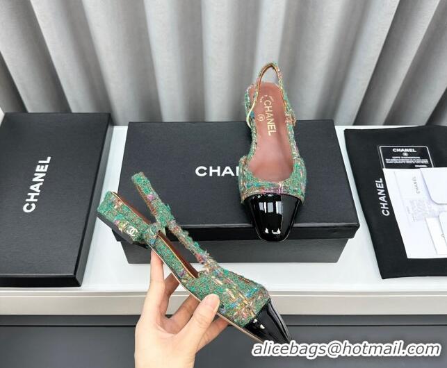 Charming Chanel Tweed & Leather Slingbacks Flat Green 103050