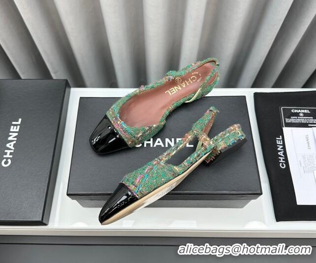 Charming Chanel Tweed & Leather Slingbacks Flat Green 103050